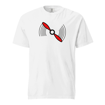 White Propeller T-Shirt with red propeller graphic, 100% ring-spun cotton, heavyweight, unisex fit, breathable and durable design