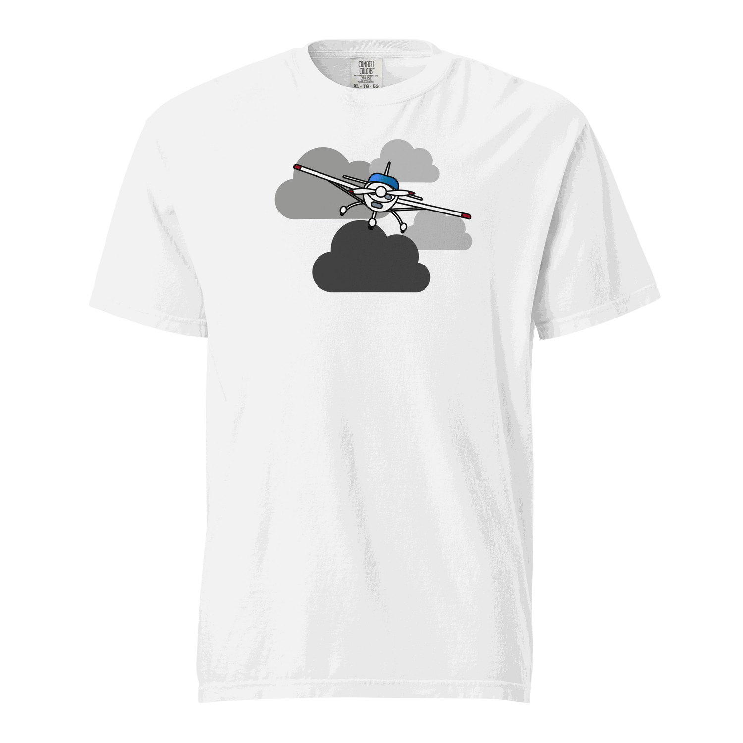 White unisex vintage airplane t-shirt with prop plane flying through clouds design