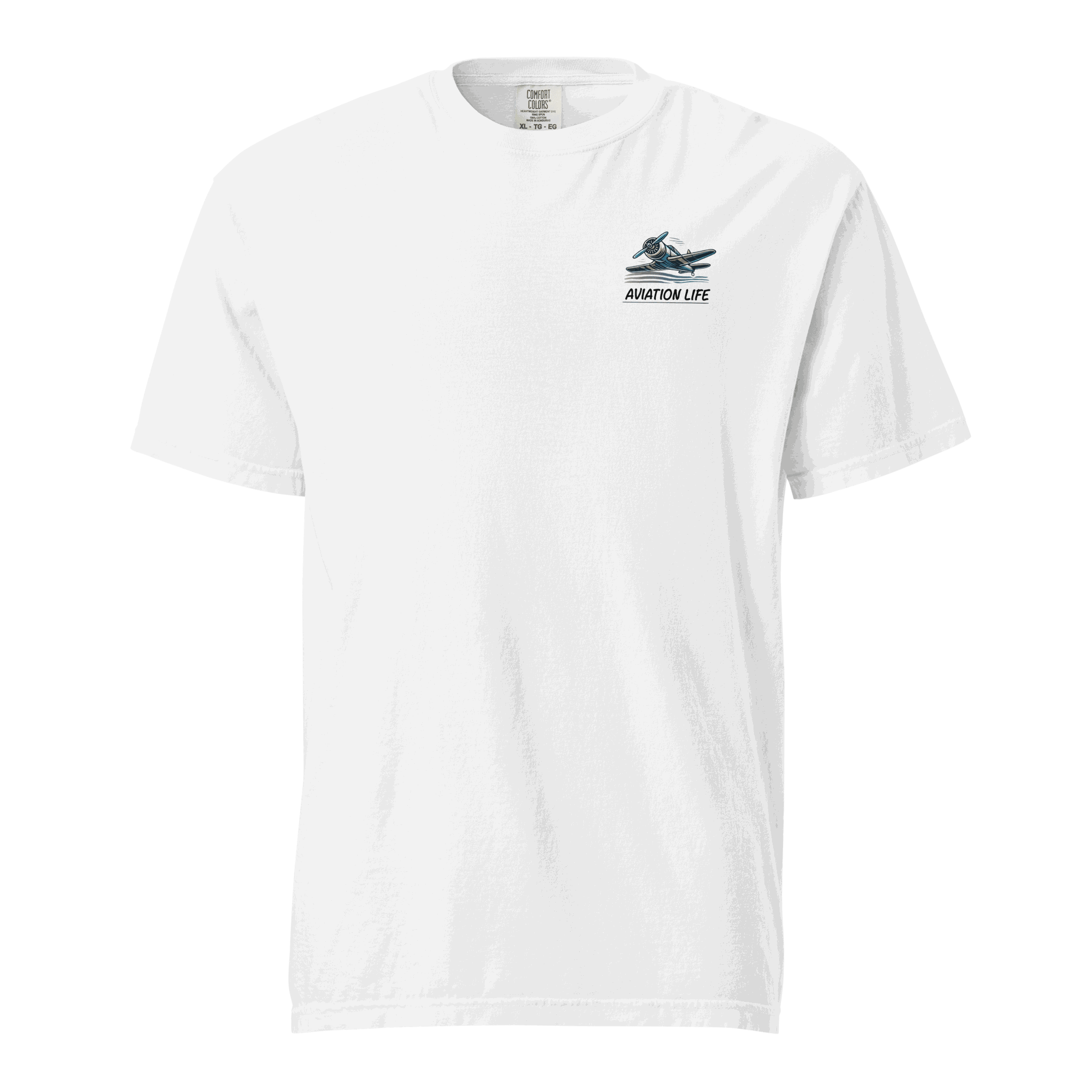 White heavyweight unisex t-shirt with aviation helmet graphic and &quot;Aviation Life&quot; text