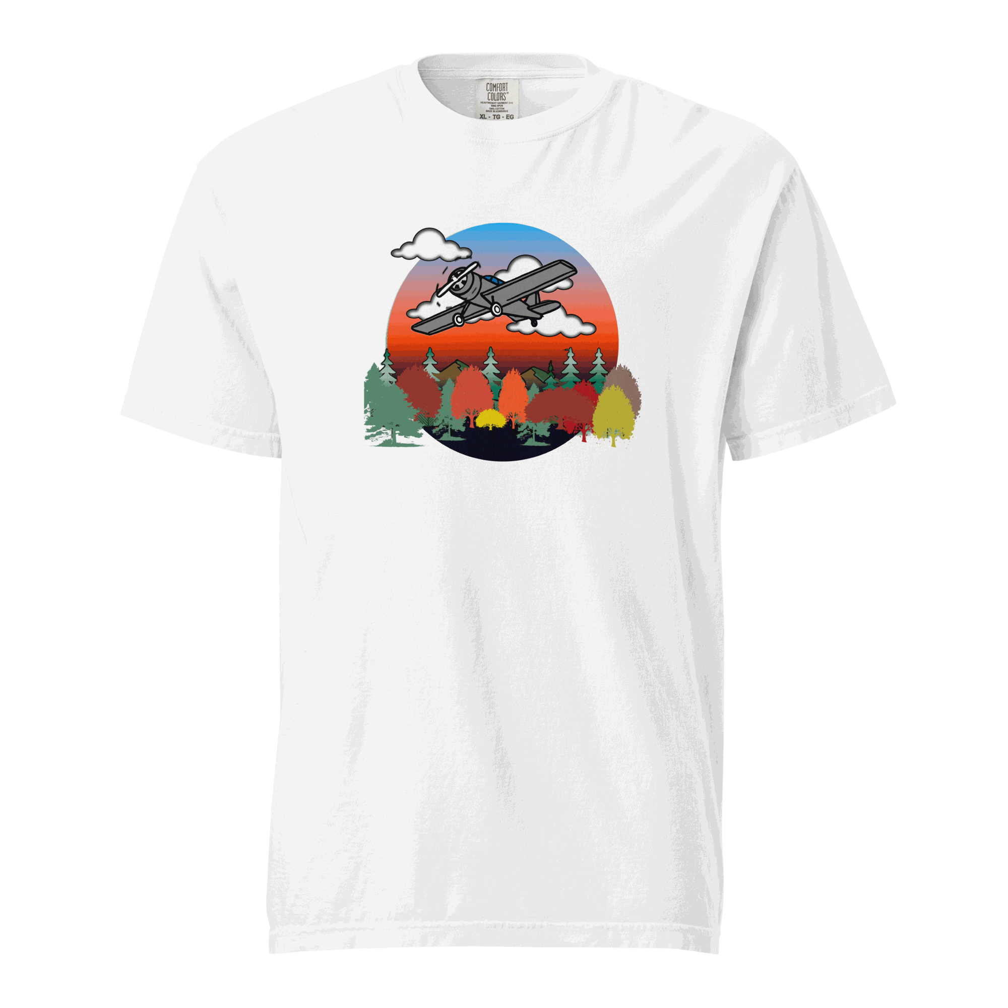 White unisex plane t-shirt with autumn forest and sunset design, 100% cotton breathable fabric.