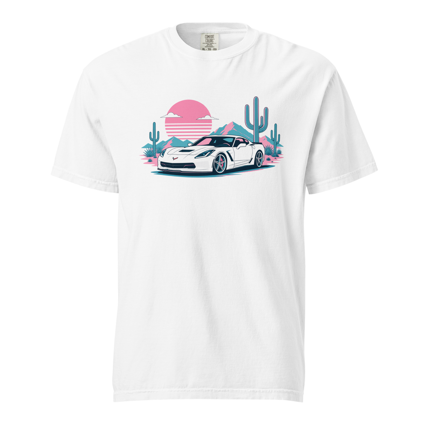 A white short-sleeve crewneck t-shirt featuring a colorful graphic print of a white sports car in a desert landscape with pink sunsets, blue mountains, and green cacti.