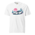 A white short-sleeve crewneck t-shirt featuring a colorful graphic print of a white sports car in a desert landscape with pink sunsets, blue mountains, and green cacti.