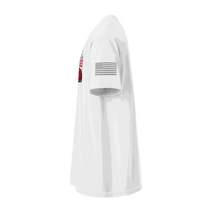 Side view of white Los Angeles Tee featuring American flag on sleeve and red supercar graphic on front