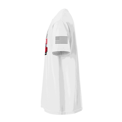 White Austin Texas t shirt with vintage truck, Austin skyline, Texas flag print on sleeve, unisex fit