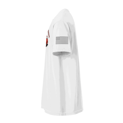 Side view of white Varsity Sports Car heavyweight cotton t-shirt with American flag on sleeve