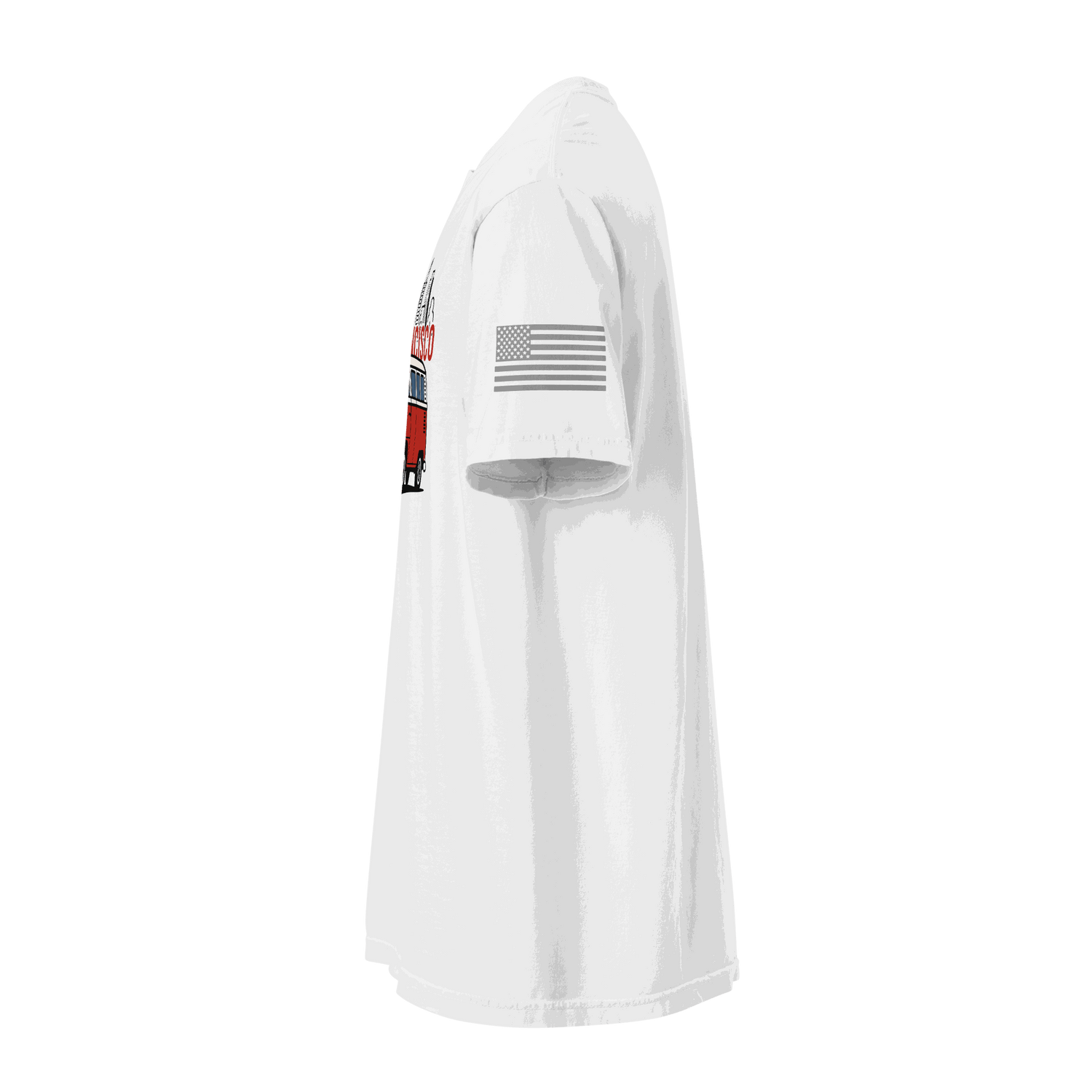 Side view of white Vintage San Francisco Classic Cruiser T-shirt with American flag on sleeve