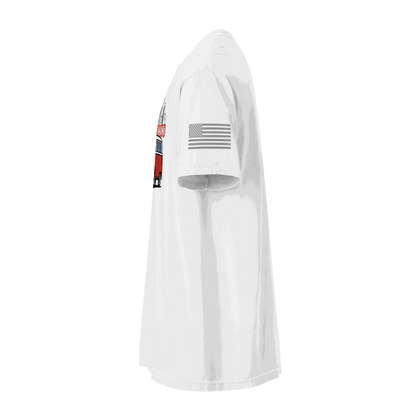 Side view of white Vintage San Francisco Classic Cruiser T-shirt with American flag on sleeve