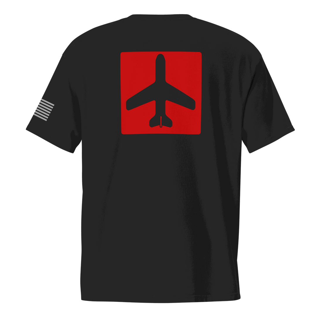 Black Airplane Shirt with red square airplane silhouette on back and American flag on sleeve, pilot gift pocket tee