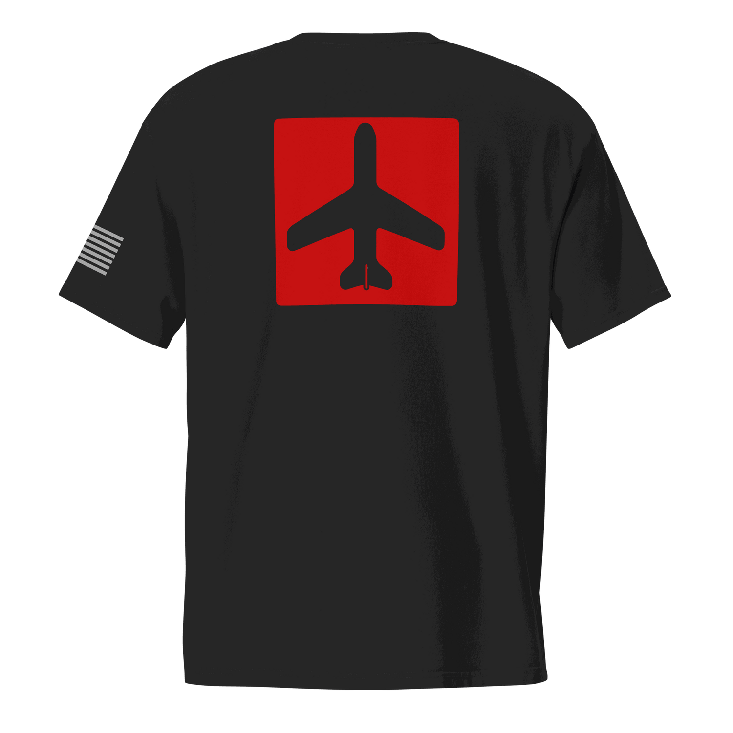 Black Airplane Shirt with red square airplane silhouette on back and American flag on sleeve, pilot gift pocket tee