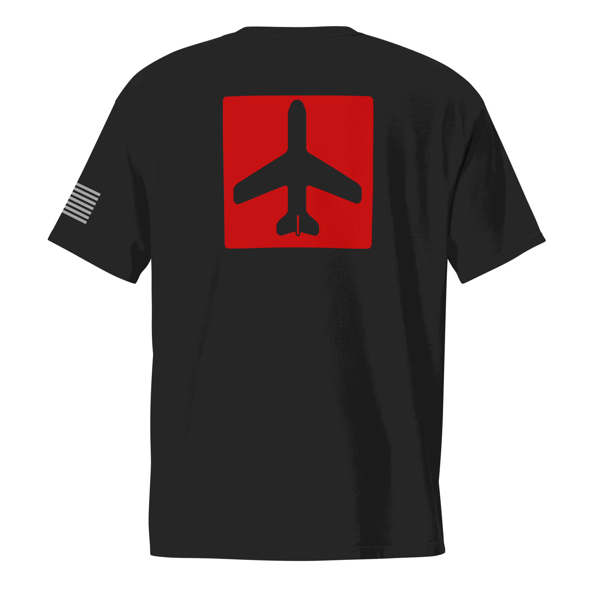 Black Airplane Shirt with red square airplane silhouette on back and American flag on sleeve, pilot gift pocket tee