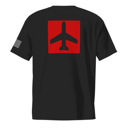 Black Airplane Shirt with red square airplane silhouette on back and American flag on sleeve, pilot gift pocket tee