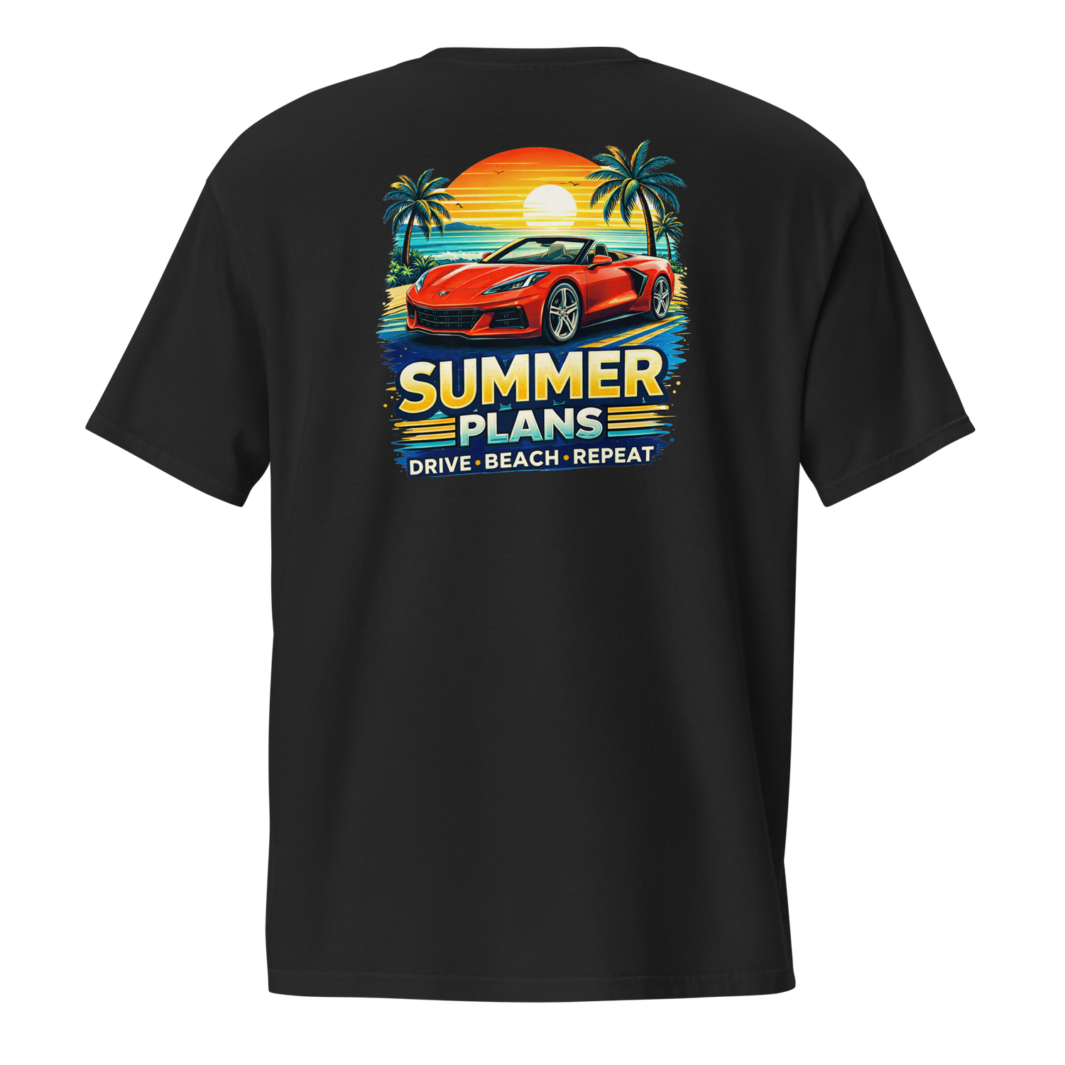 Back view of summer corvette pocket t-shirt with colorful summer plans graphic featuring a red Corvette.