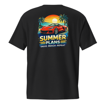Back view of summer corvette pocket t-shirt with colorful summer plans graphic featuring a red Corvette.