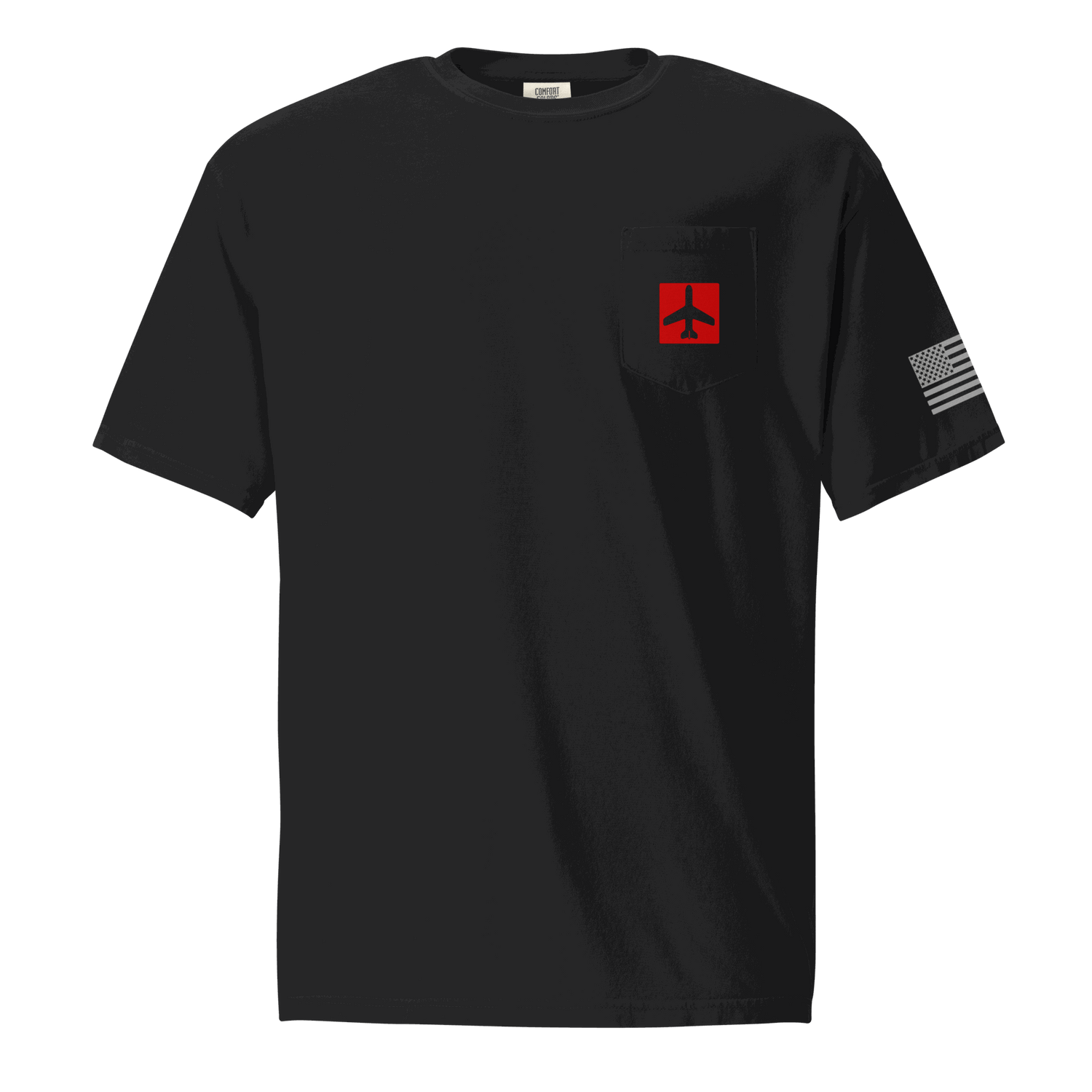 Black Airplane Shirt pocket tee with red airplane graphic and American flag on sleeve, pilot gift shirt