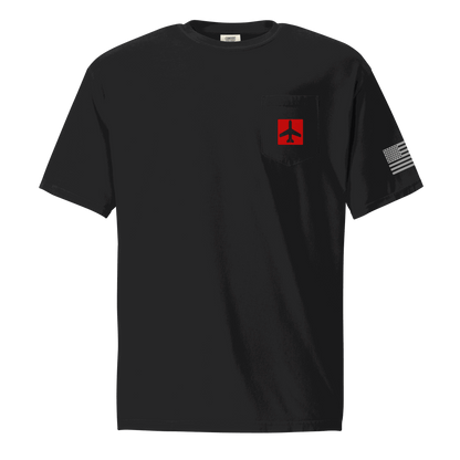 Black Airplane Shirt pocket tee with red airplane graphic and American flag on sleeve, pilot gift shirt