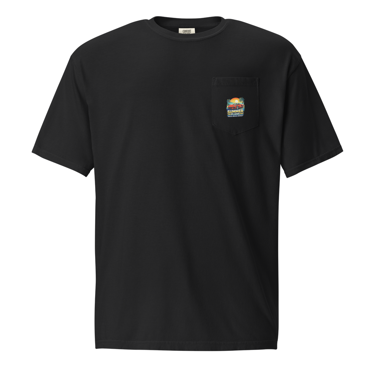 Summer Corvette pocket t-shirt in black with pocket detail and colorful graphic.