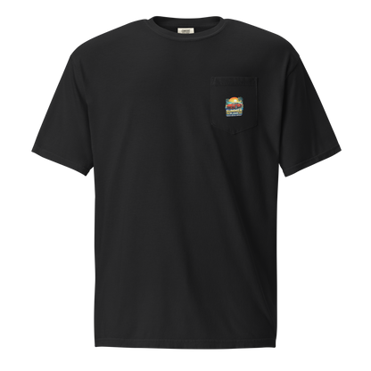 Summer Corvette pocket t-shirt in black with pocket detail and colorful graphic.