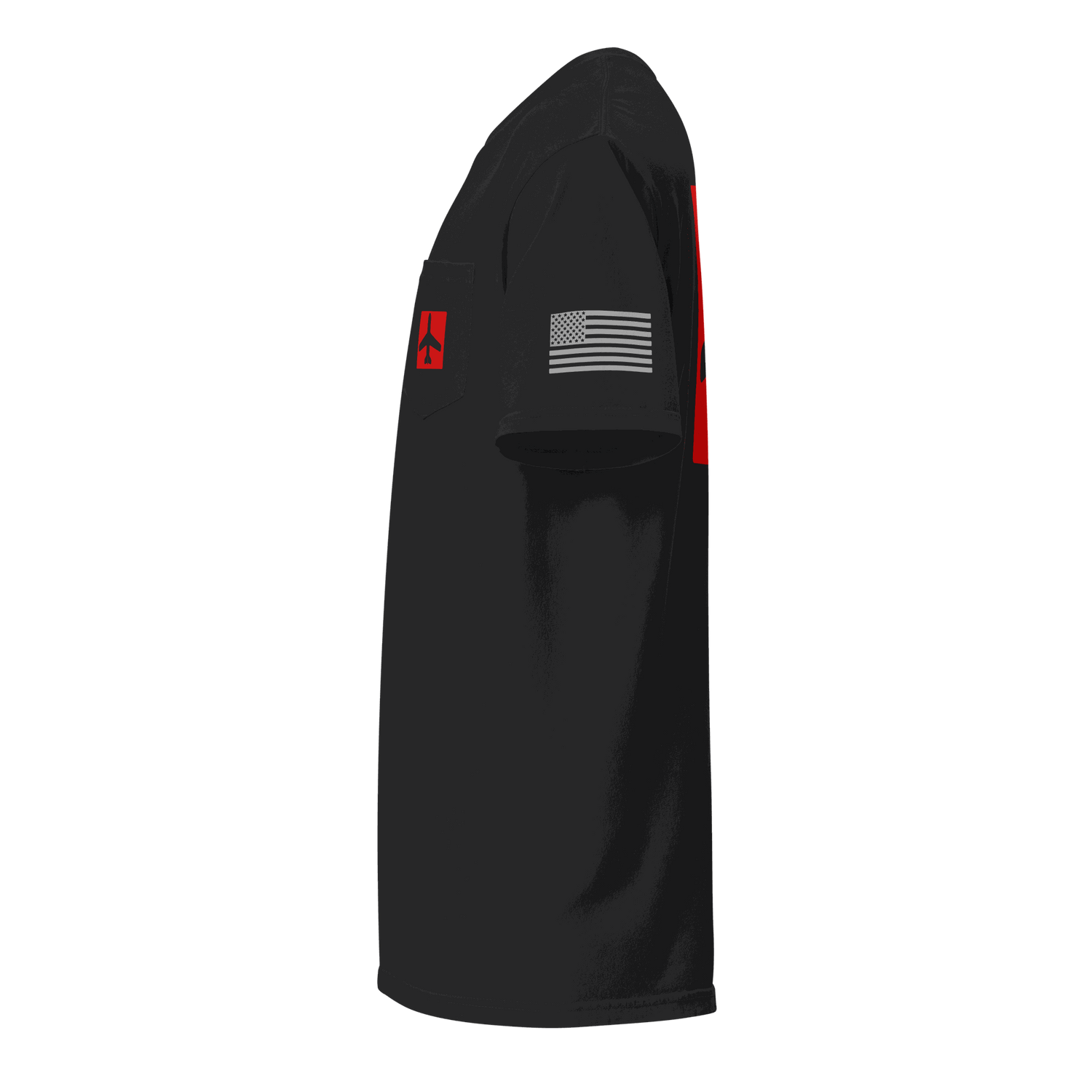 Black Airplane Shirt pocket t-shirt with red airplane icon and American flag on sleeve, aviation pilot gift design