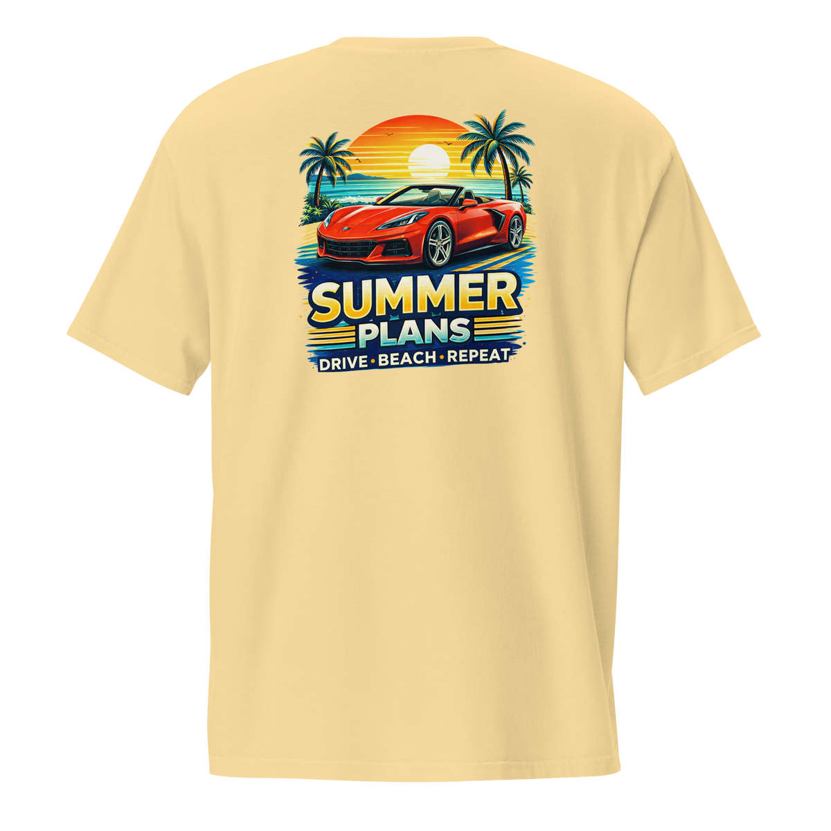 Summer Corvette pocket t-shirt featuring vibrant summer plans design with car and palm trees on a yellow background.