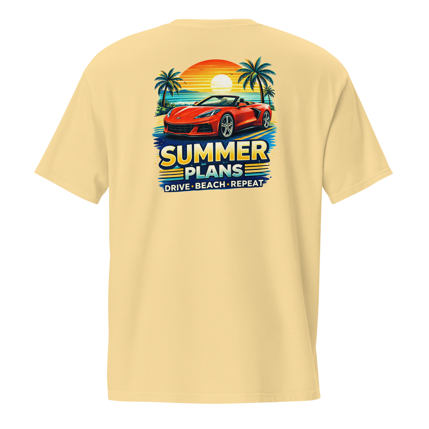 Summer Corvette pocket t-shirt featuring vibrant summer plans design with car and palm trees on a yellow background.
