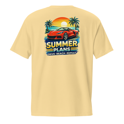 Summer Corvette pocket t-shirt featuring vibrant summer plans design with car and palm trees on a yellow background.