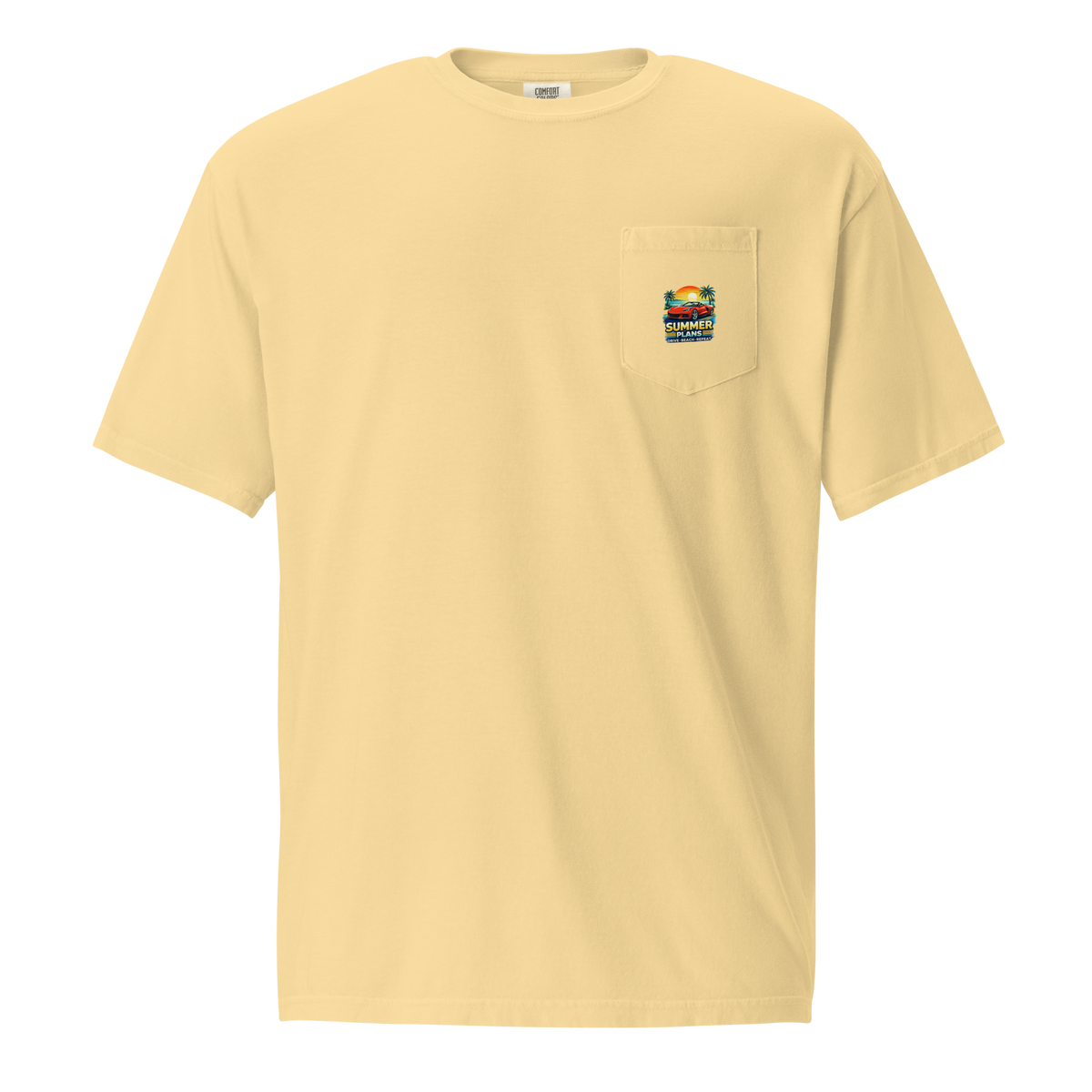 Summer Corvette pocket t-shirt in soft yellow with pocket detail and colorful graphic design.