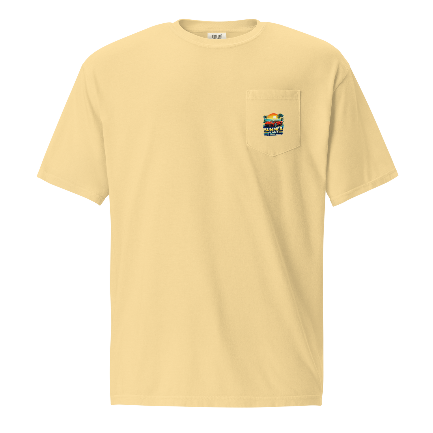 Summer Corvette pocket t-shirt in soft yellow with pocket detail and colorful graphic design.