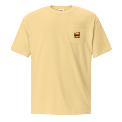 Summer Corvette pocket t-shirt in soft yellow with pocket detail and colorful graphic design.