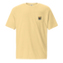 Summer Corvette pocket t-shirt in soft yellow with pocket detail and colorful graphic design.