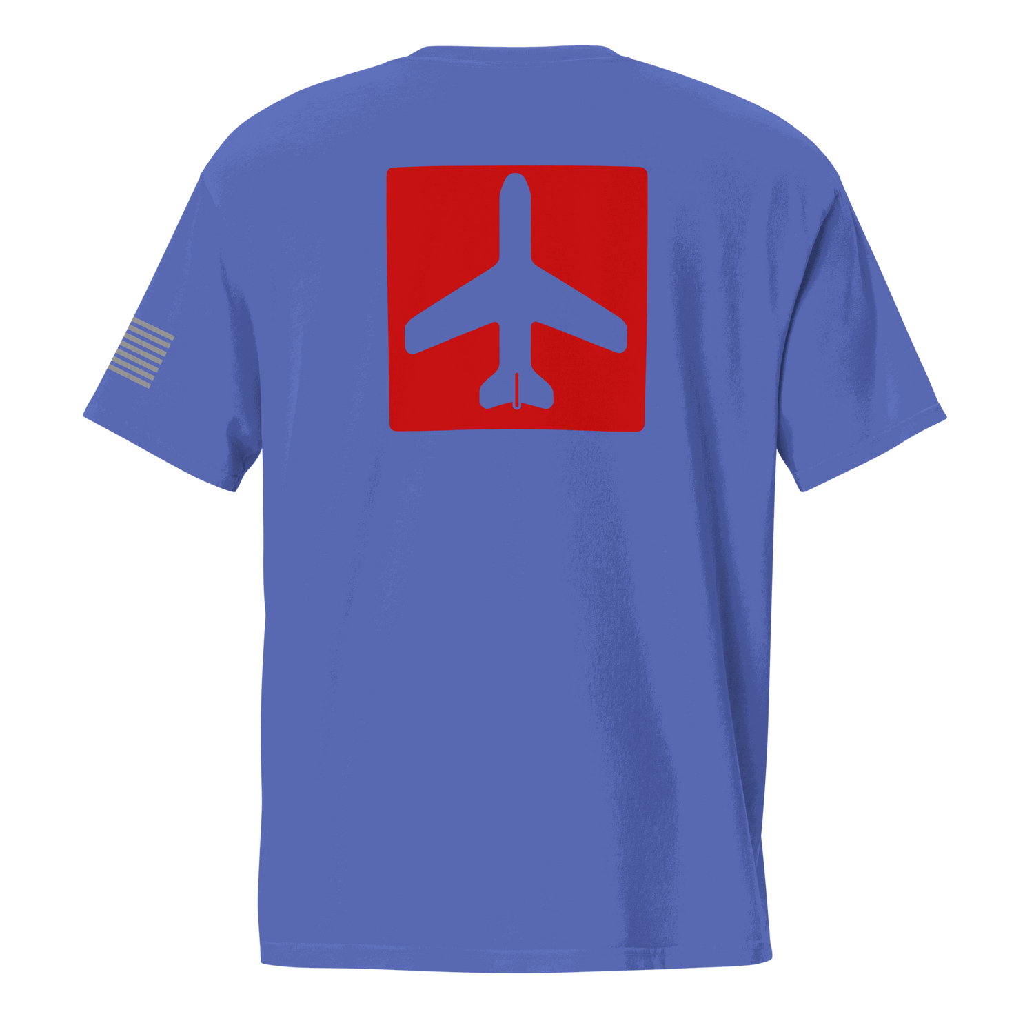 Blue Airplane Shirt with red airplane graphic on back and pocket t-shirt design for pilots and aviation lovers