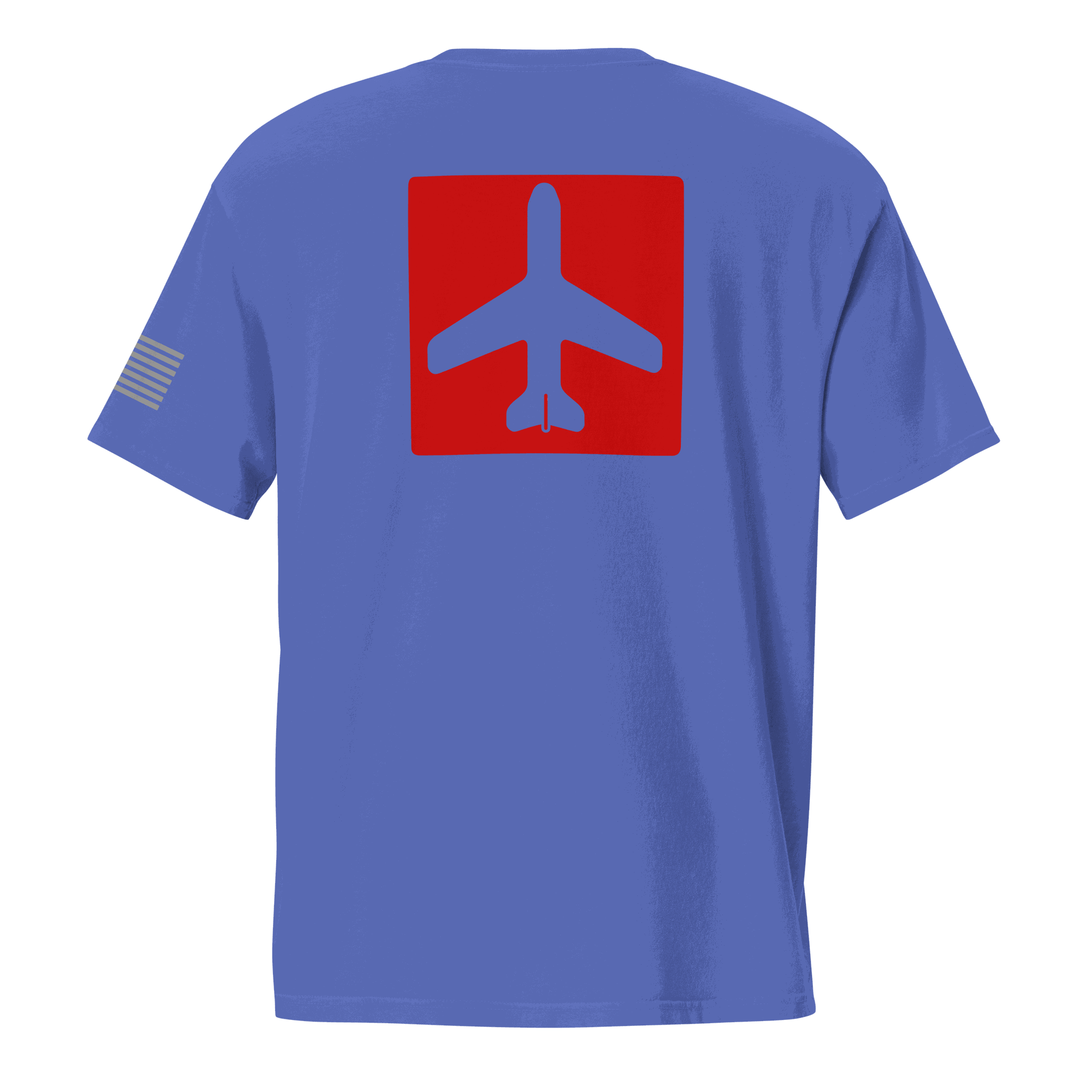 Blue Airplane Shirt with red airplane graphic on back and pocket t-shirt design for pilots and aviation lovers