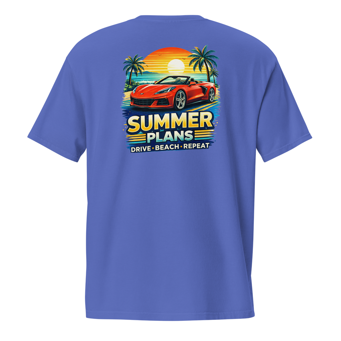 Summer Corvette pocket t-shirt featuring a colorful design with a red Corvette, palms, and sunset.