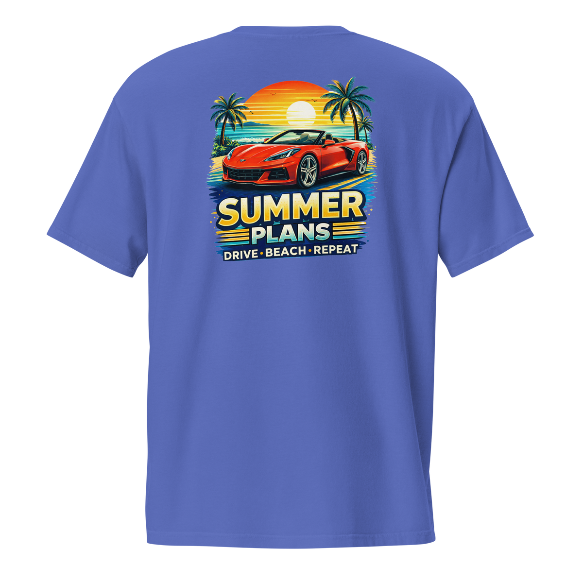 Summer Corvette pocket t-shirt featuring a colorful design with a red Corvette, palms, and sunset.