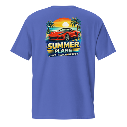 Summer Corvette pocket t-shirt featuring a colorful design with a red Corvette, palms, and sunset.
