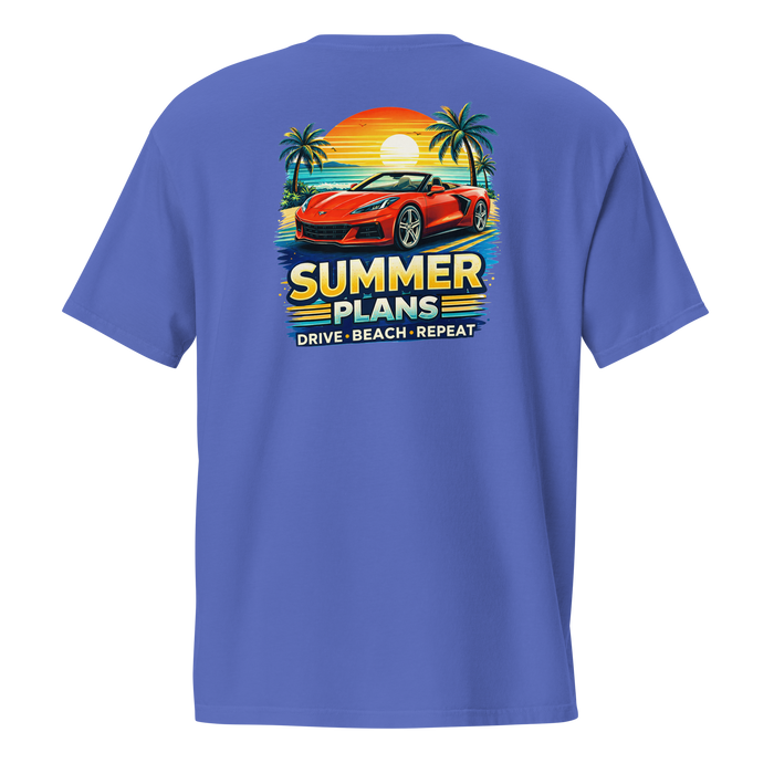 Summer Corvette pocket t-shirt featuring a colorful design with a red Corvette, palms, and sunset.