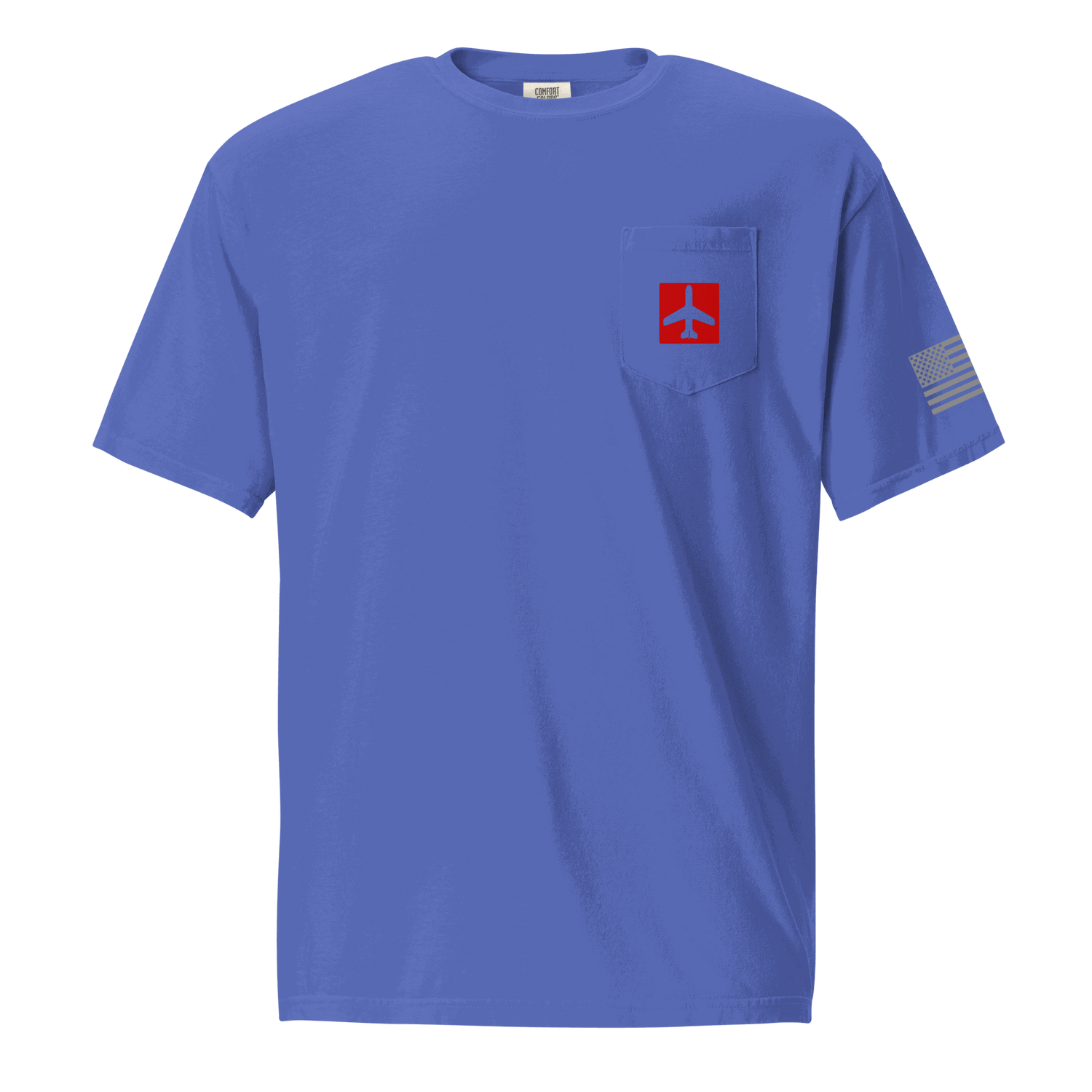 Blue Airplane Shirt pocket t-shirt with plane graphic and American flag on sleeve, made of 100% cotton, pilot gift