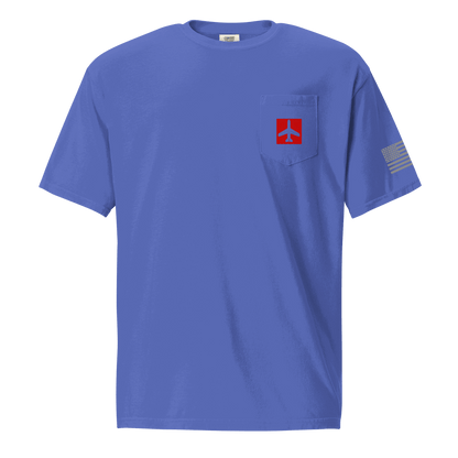 Blue Airplane Shirt pocket t-shirt with plane graphic and American flag on sleeve, made of 100% cotton, pilot gift