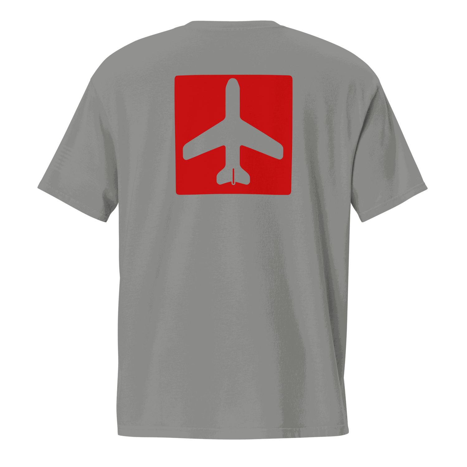 Gray Airplane Shirt with red airplane graphic on back and pocket tee design for pilot gift