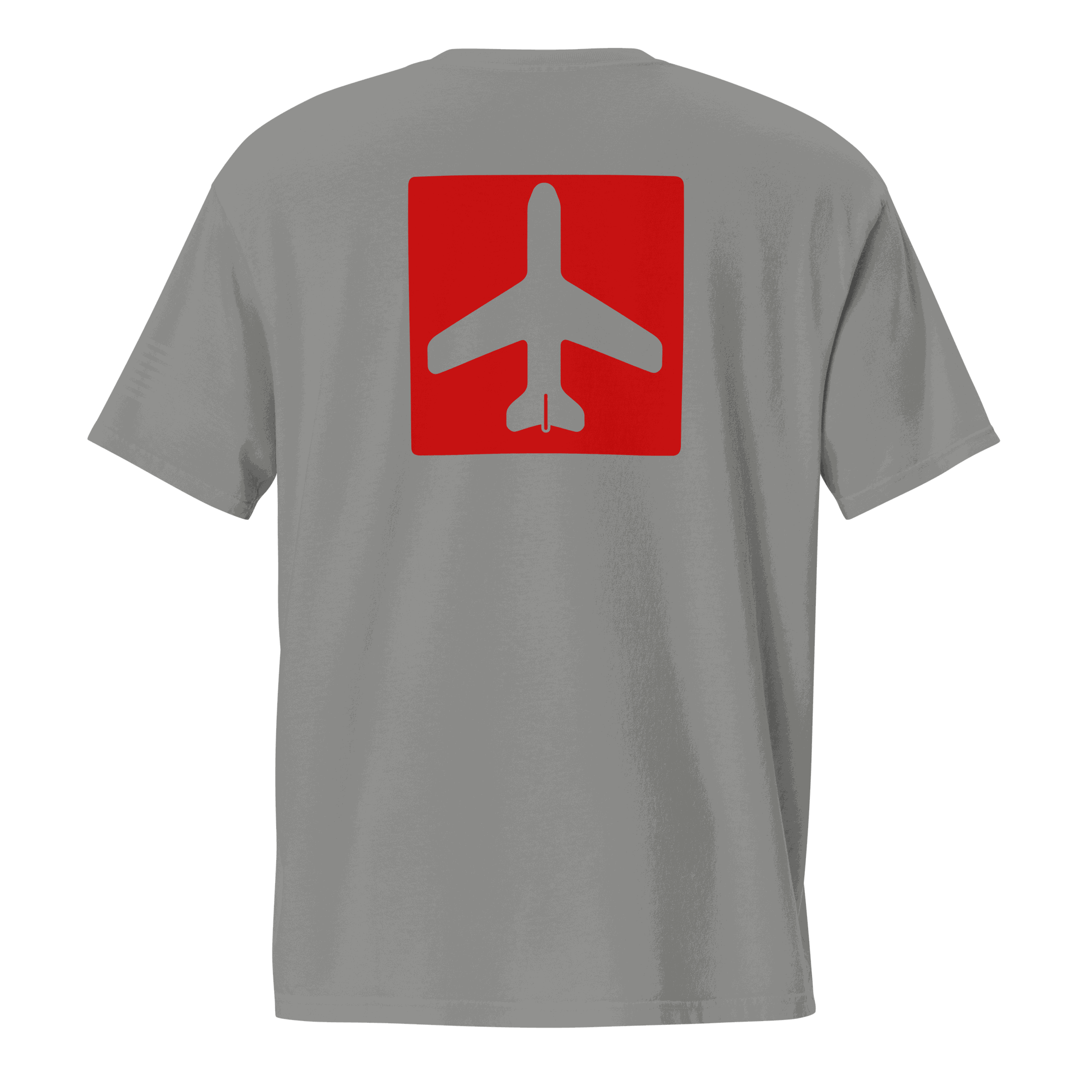 Gray Airplane Shirt with red airplane graphic on back and pocket tee design for pilot gift