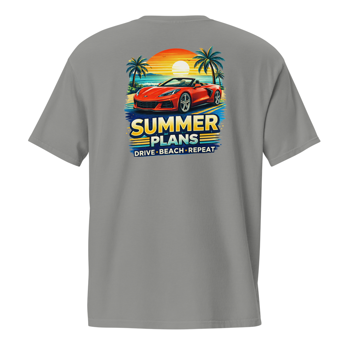 Back view of summer corvette pocket t-shirt featuring a vibrant summer plans design with a red car and palm trees.