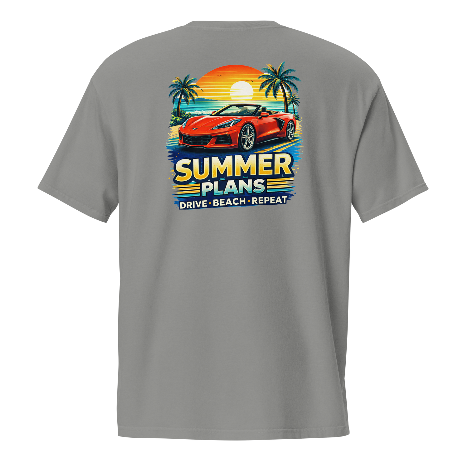 Back view of summer corvette pocket t-shirt featuring a vibrant summer plans design with a red car and palm trees.