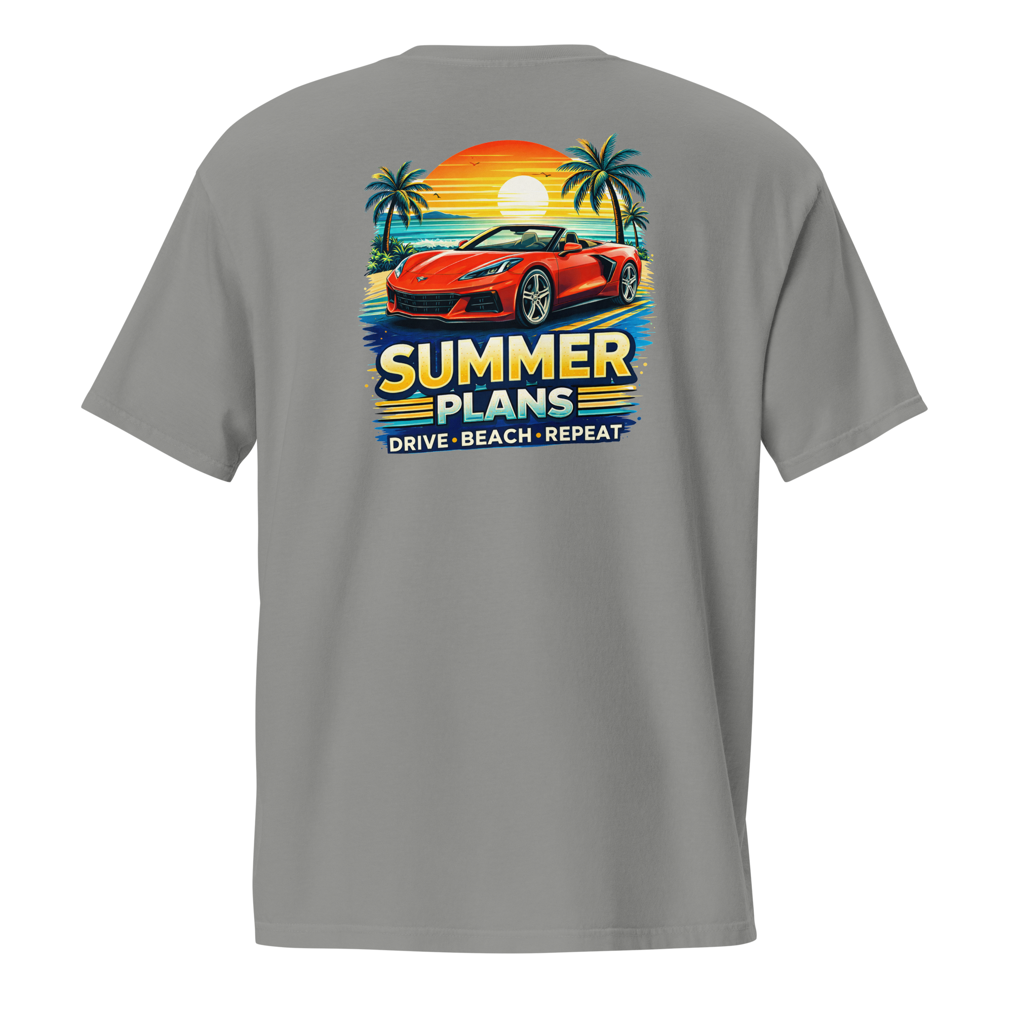 Back view of summer corvette pocket t-shirt featuring a vibrant summer plans design with a red car and palm trees.