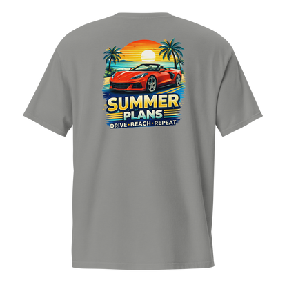 Back view of summer corvette pocket t-shirt featuring a vibrant summer plans design with a red car and palm trees.