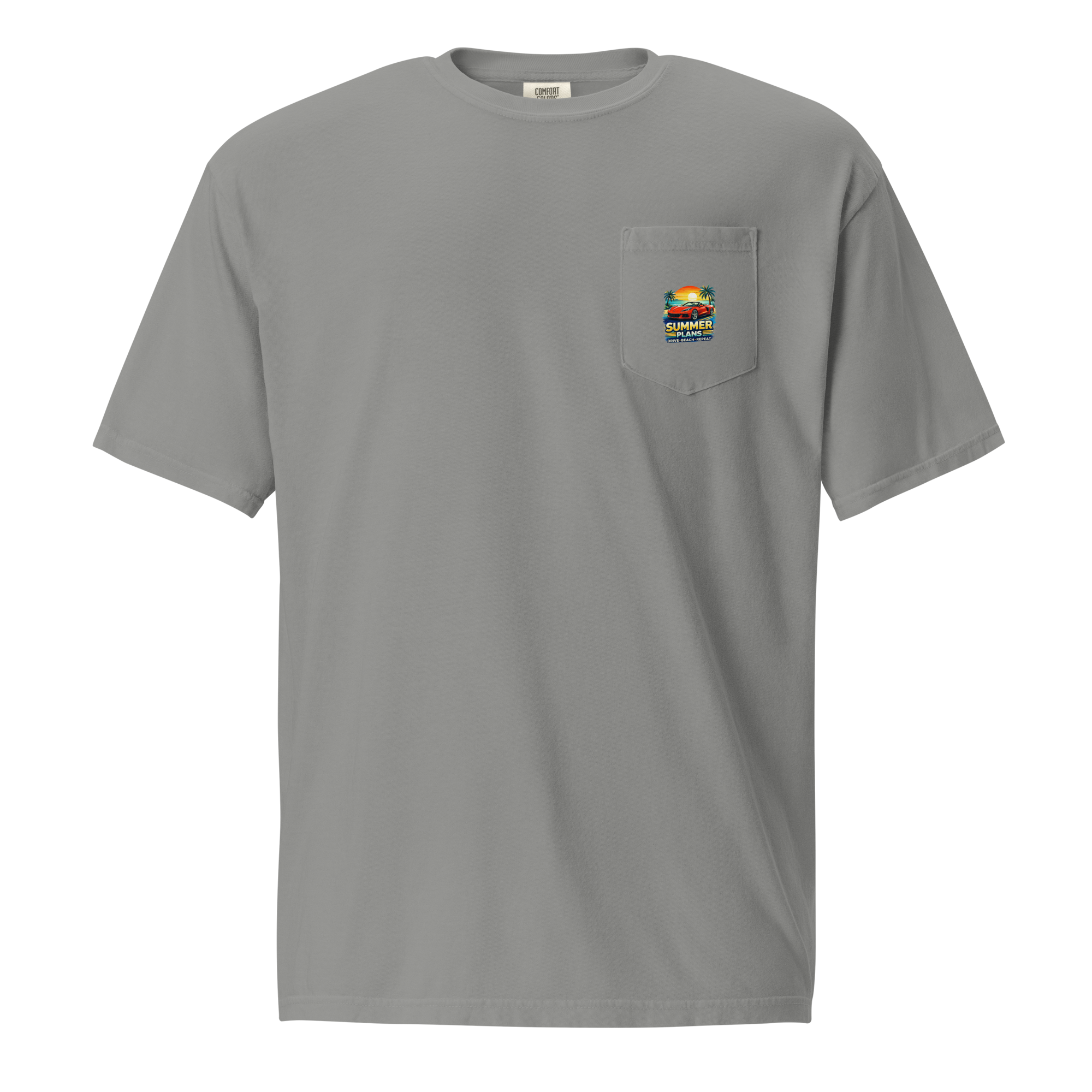 Summer Corvette pocket t-shirt in gray featuring a colorful pocket design, made from 100% ring-spun cotton.