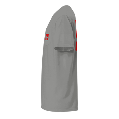 Gray Airplane Shirt with pocket and red airplane logo, side view, pilot gift tee