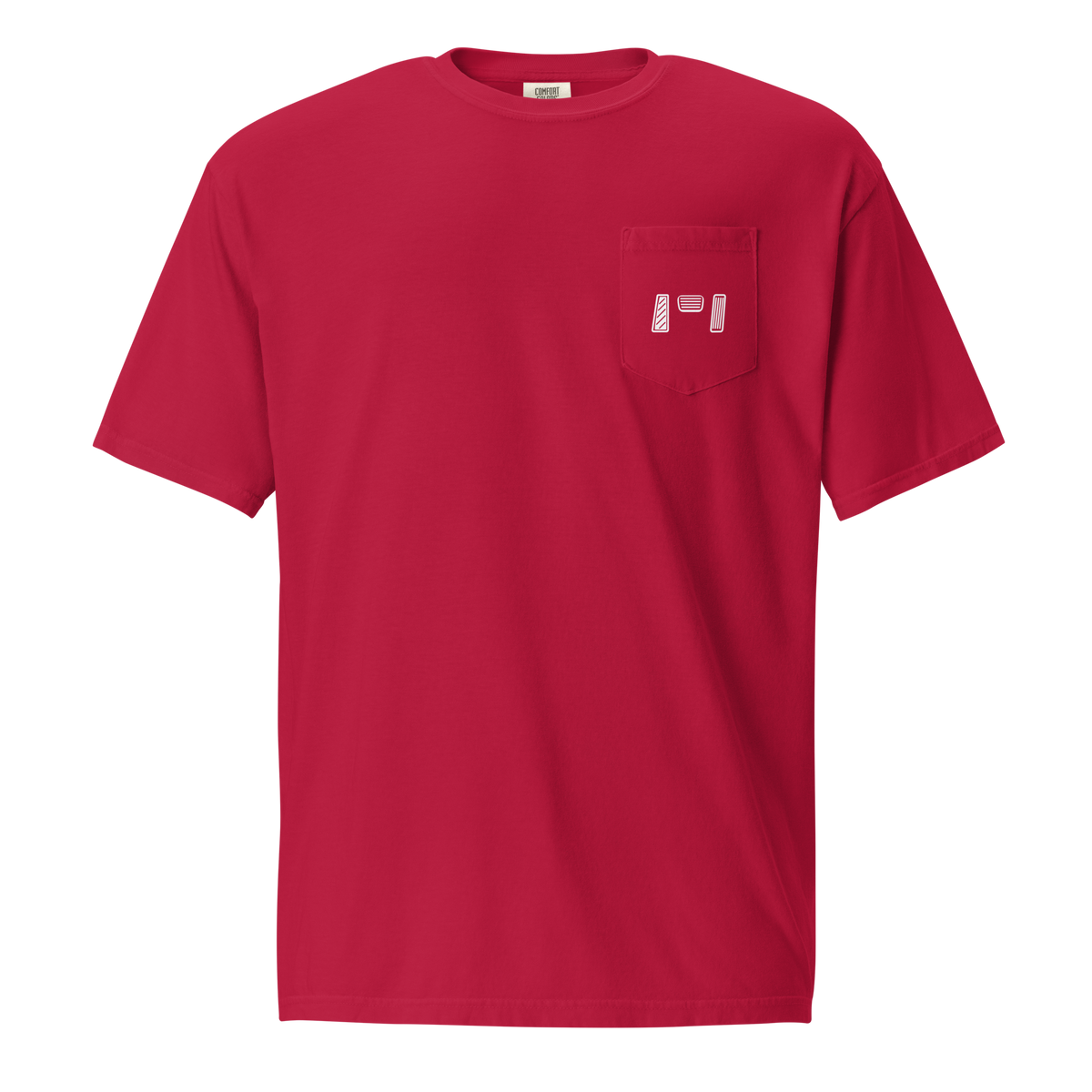 Red manual transmission t-shirt with a pocket detail, made of 100% ring-spun cotton for a relaxed look.