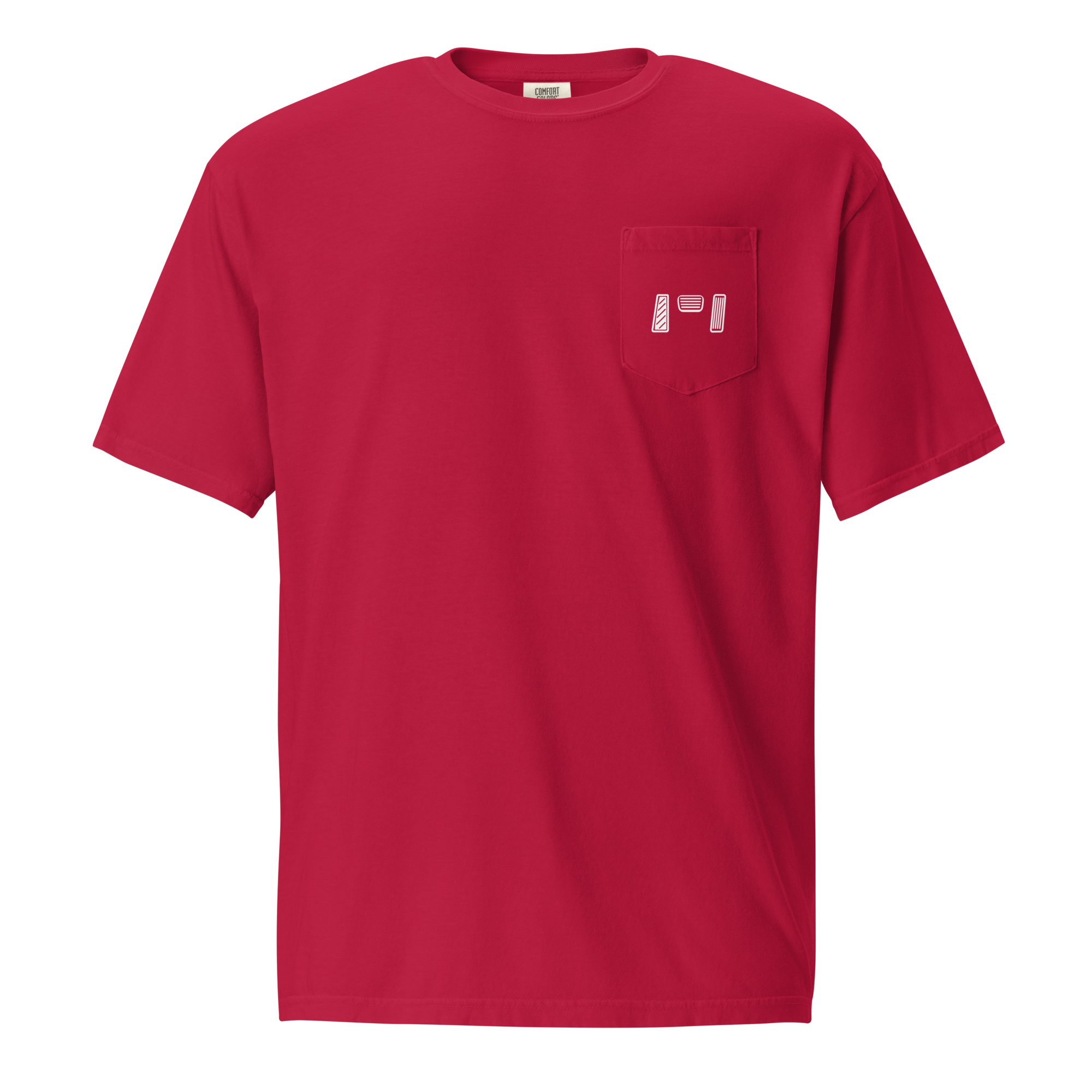 Red manual transmission t-shirt with a pocket detail, made of 100% ring-spun cotton for a relaxed look.