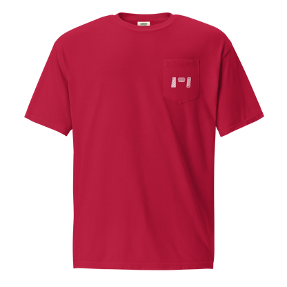 Red manual transmission t-shirt with a pocket detail, made of 100% ring-spun cotton for a relaxed look.