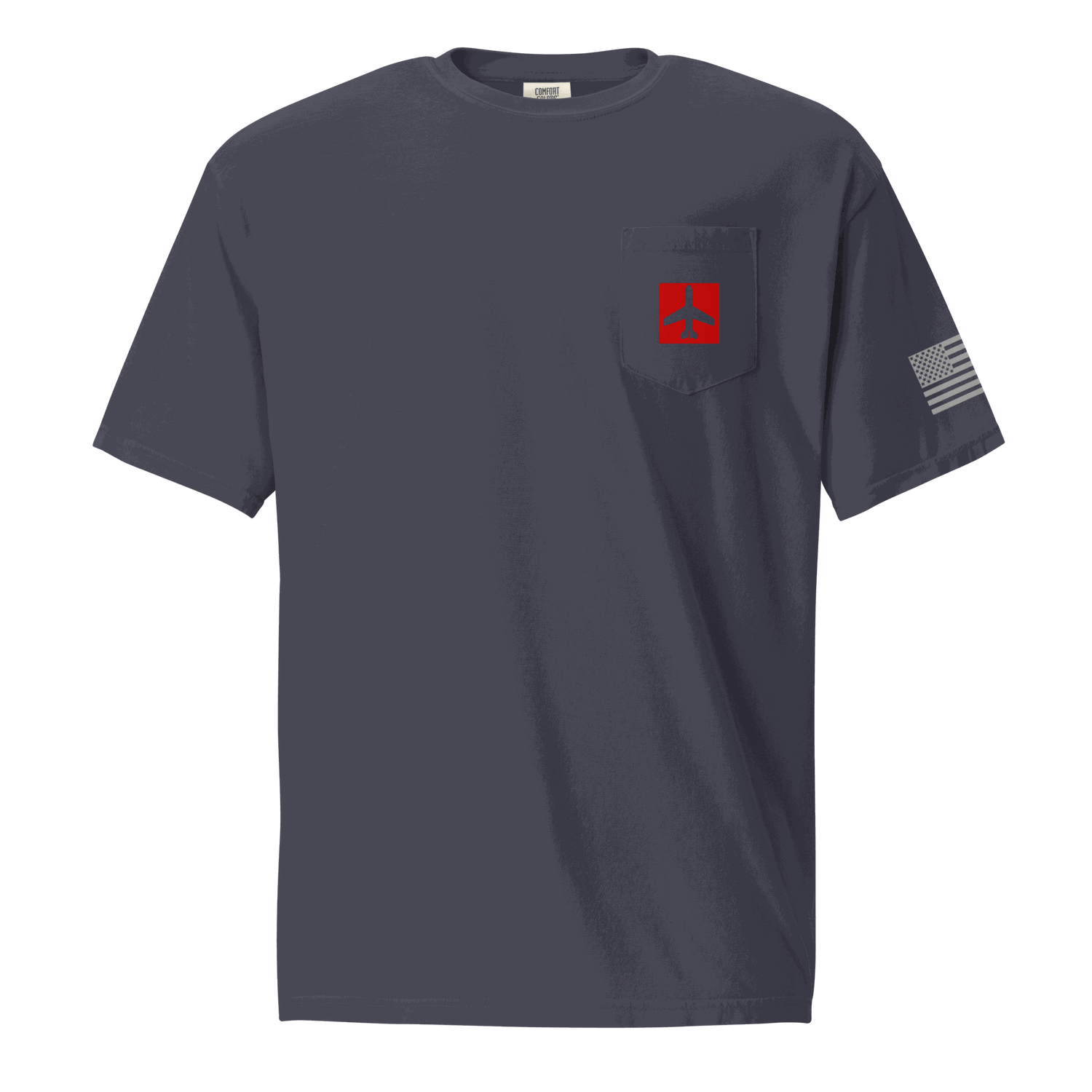 Navy blue Airplane Shirt with red airplane graphic on pocket and American flag on sleeve, unisex cotton t-shirt for pilots and aviation fans