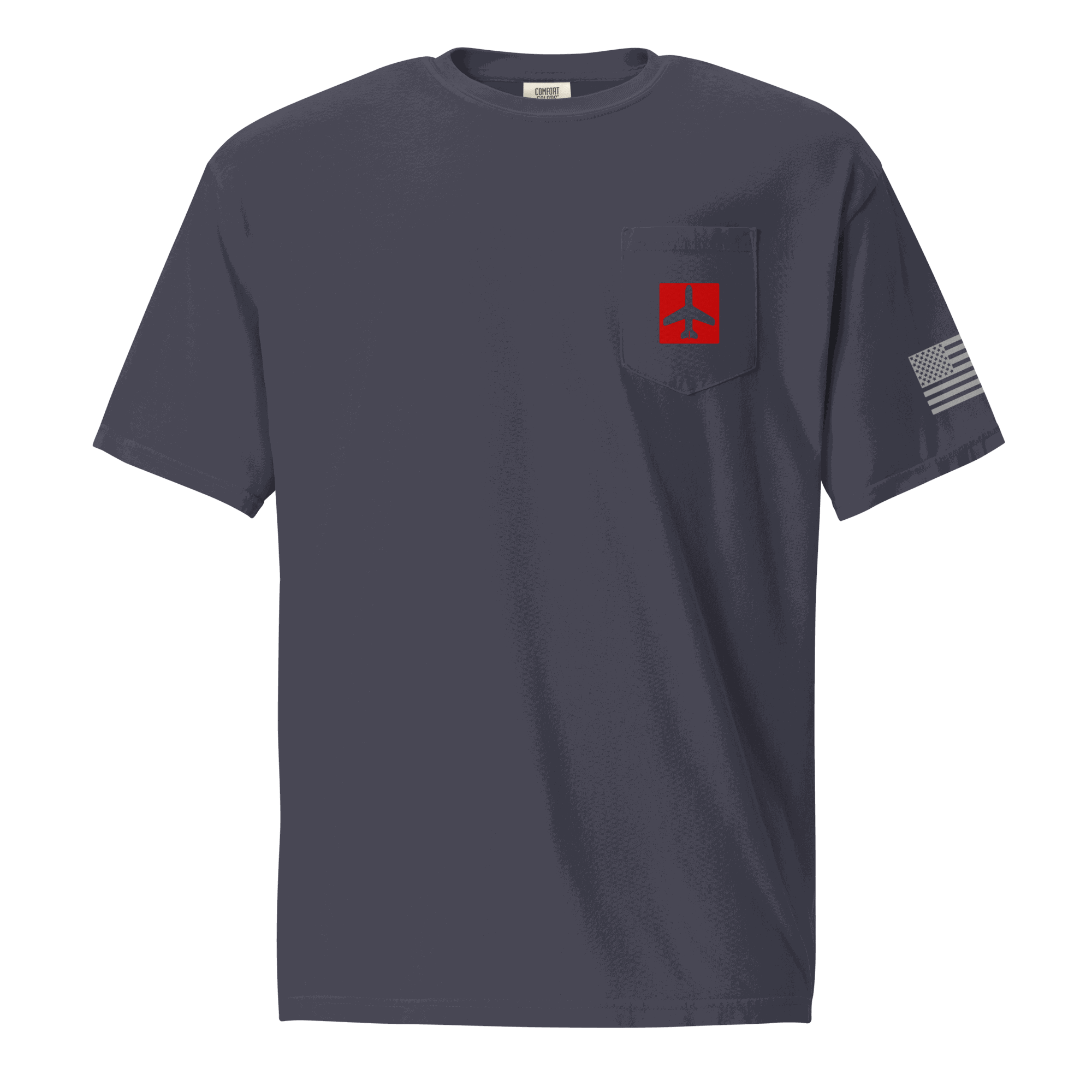 Navy blue Airplane Shirt with red airplane graphic on pocket and American flag on sleeve, unisex cotton t-shirt for pilots and aviation fans